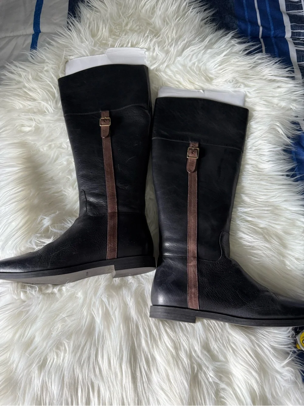 Cole Haan Black Leather Over-The-Knee Boots with Brown Strap